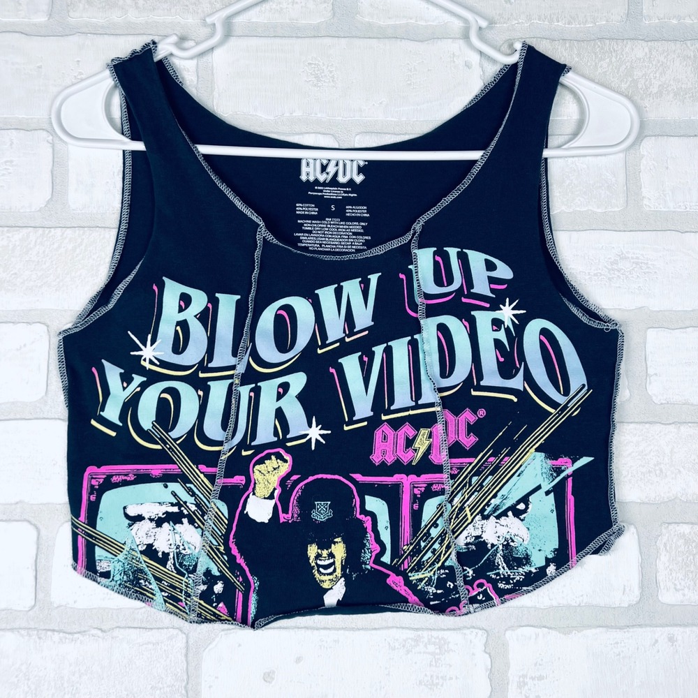ACDC Blow Up Your Video Graphic Tank Top Womens Small Deconstructed Crop Teal